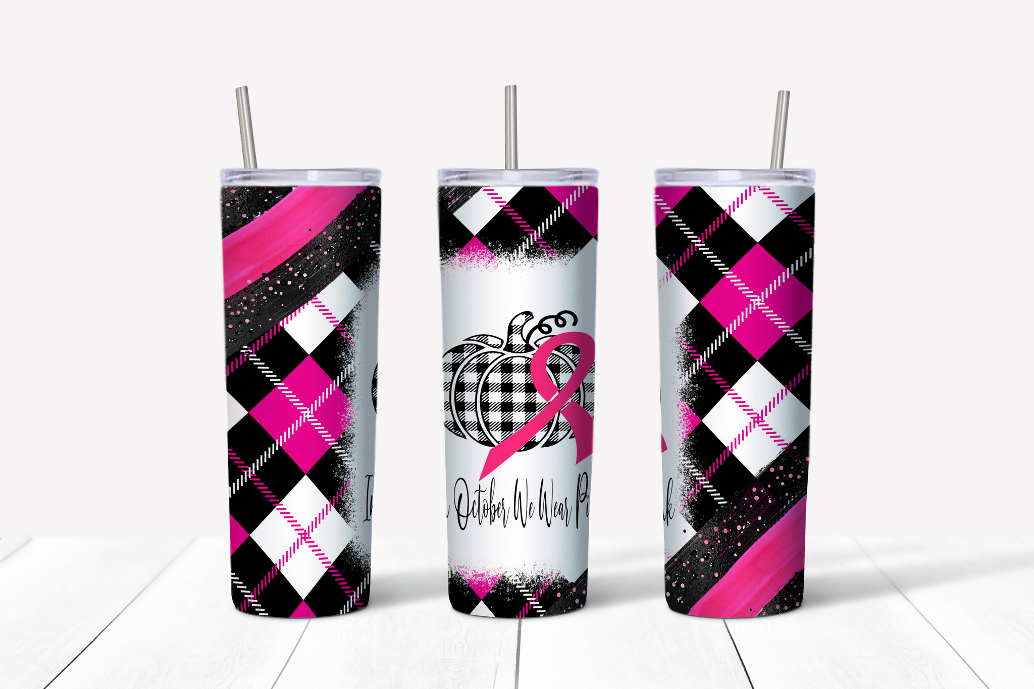 In October We Wear Pink Black & Pink Plaid 20 oz Tumbler